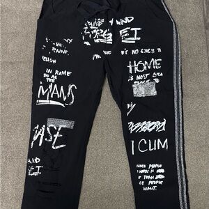 Italian Black Graphic Joggers with White Text and silver trim. NWT One size